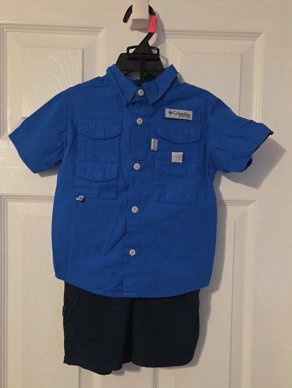 NWOT. 3T Columbia Boys' Short Sleeve Button-Front Shirt and Navy Shorts